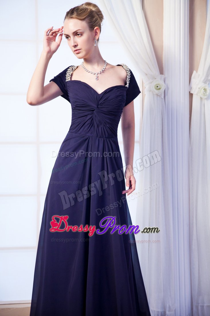 Beaded and Ruched Prom Celebrity Dress Sweep Train in Navy Blue