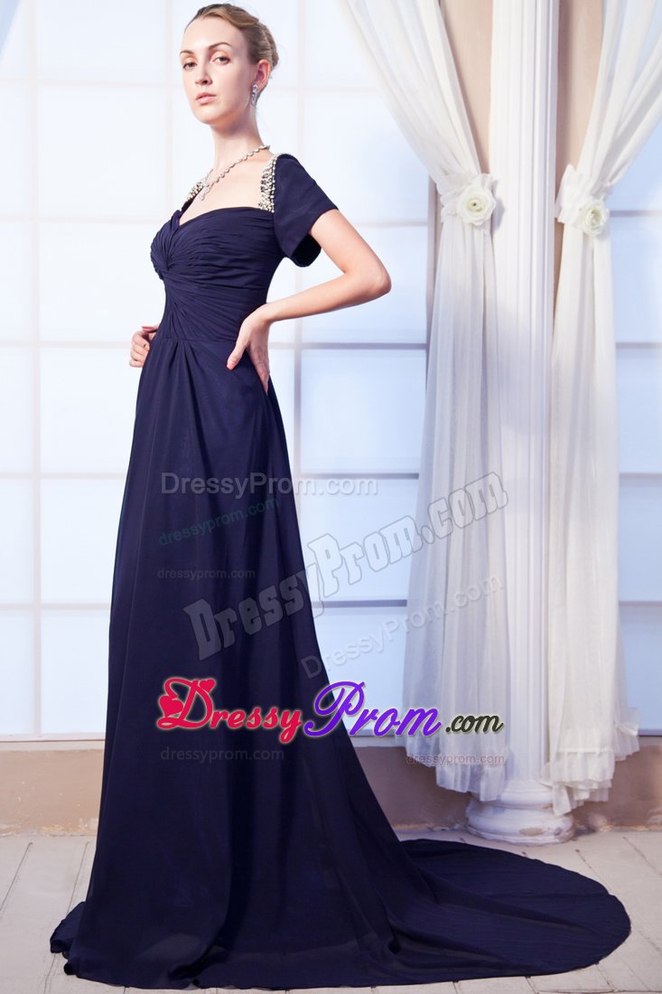 Beaded and Ruched Prom Celebrity Dress Sweep Train in Navy Blue