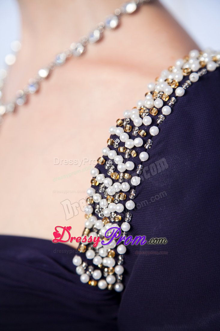 Beaded and Ruched Prom Celebrity Dress Sweep Train in Navy Blue