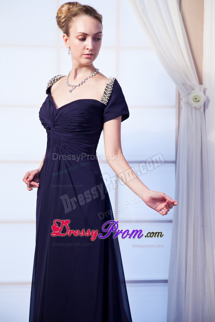 Beaded and Ruched Prom Celebrity Dress Sweep Train in Navy Blue