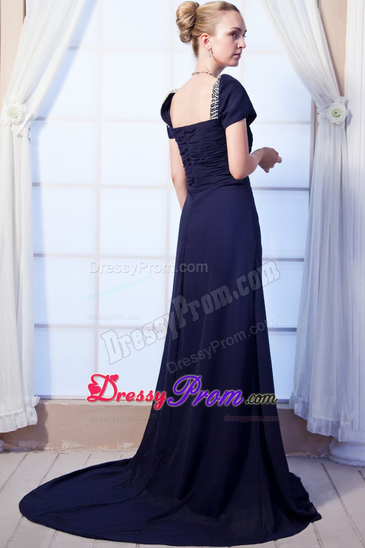 Beaded and Ruched Prom Celebrity Dress Sweep Train in Navy Blue