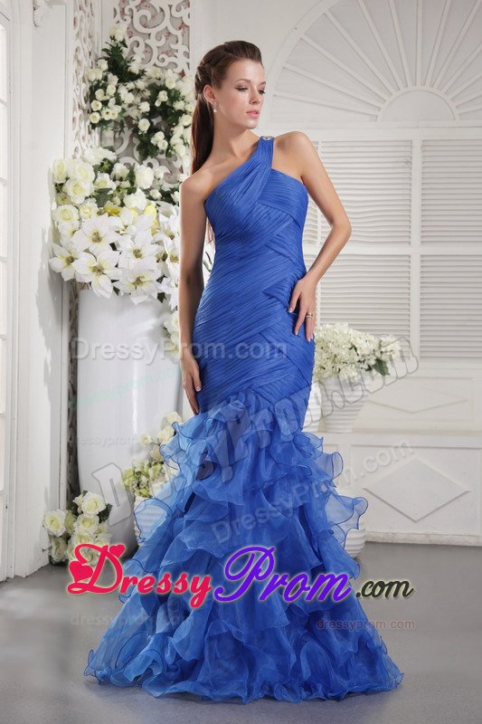 Mermaid one Shoulder Ruched Ruffled Blue Prom Dress for Ladies