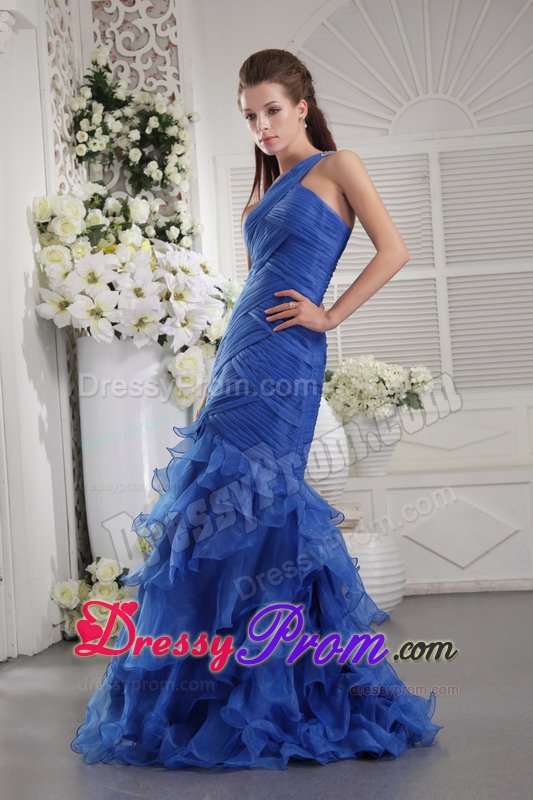 Mermaid one Shoulder Ruched Ruffled Blue Prom Dress for Ladies