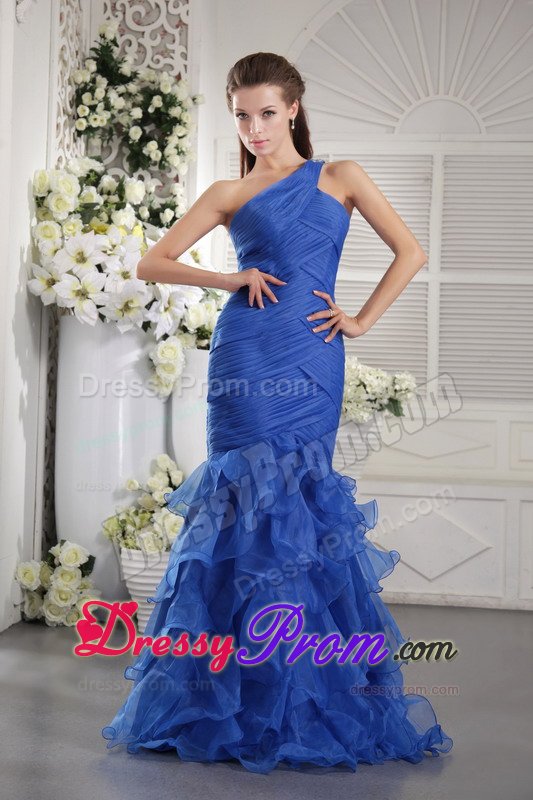 Mermaid one Shoulder Ruched Ruffled Blue Prom Dress for Ladies