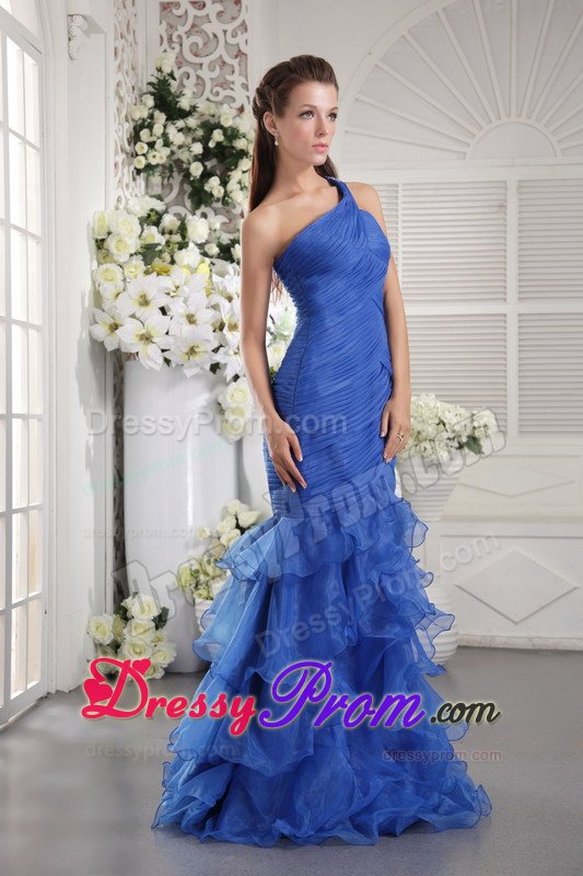 Mermaid one Shoulder Ruched Ruffled Blue Prom Dress for Ladies