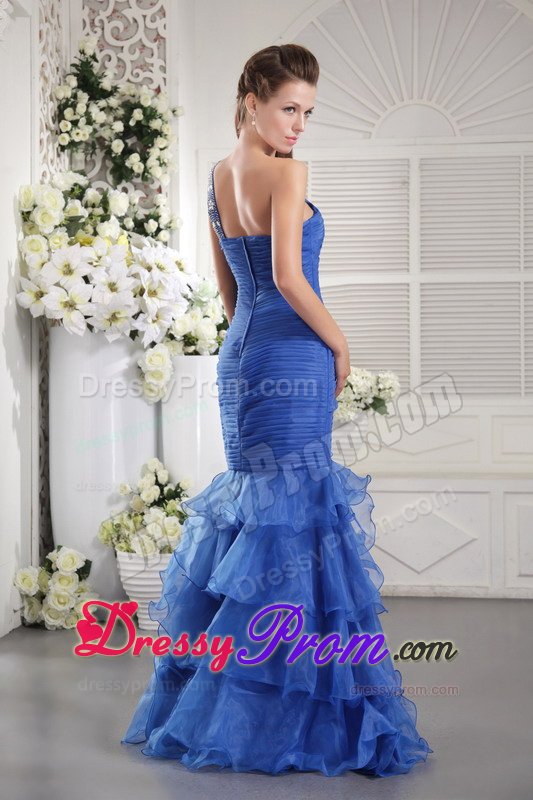Mermaid one Shoulder Ruched Ruffled Blue Prom Dress for Ladies