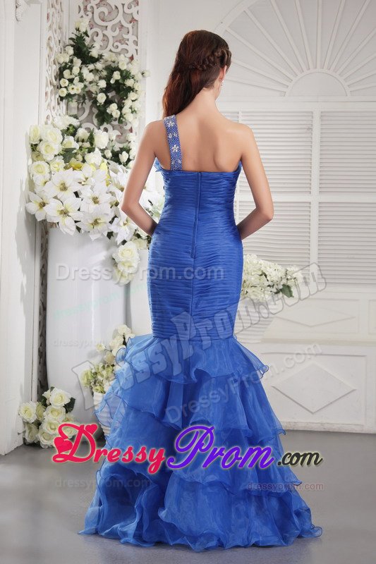 Mermaid one Shoulder Ruched Ruffled Blue Prom Dress for Ladies