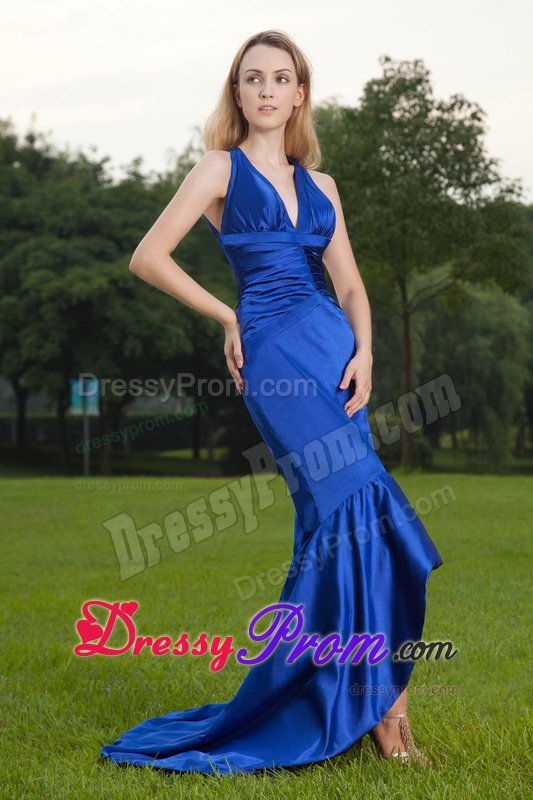Mermaid V-neck Brush Train Ruched Blue Prom Party Dress