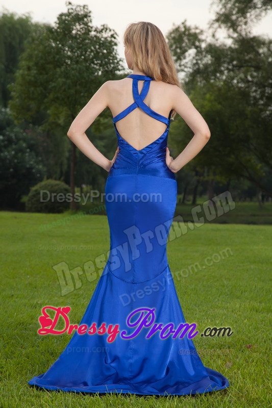 Mermaid V-neck Brush Train Ruched Blue Prom Party Dress