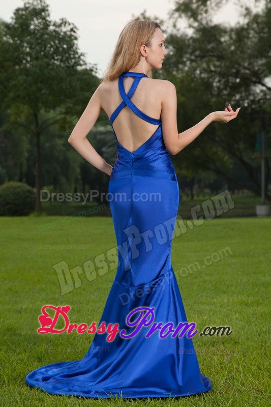 Mermaid V-neck Brush Train Ruched Blue Prom Party Dress