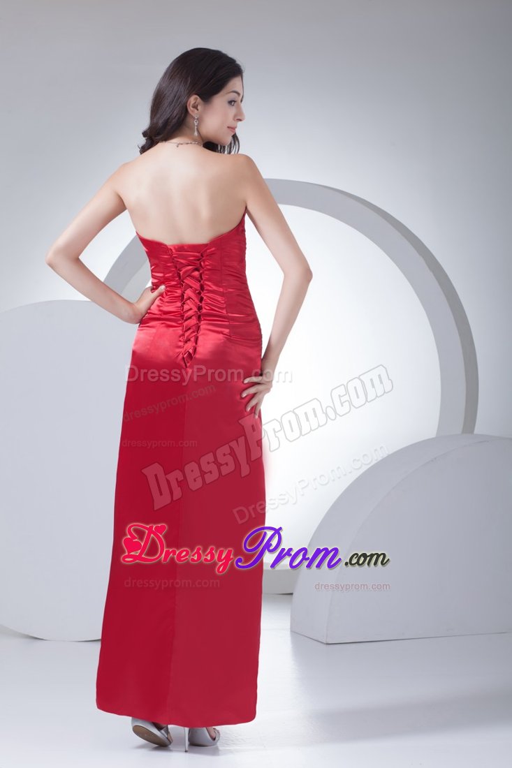 Popular Ankle-length Strapless Red Prom Gown with Lace up Back