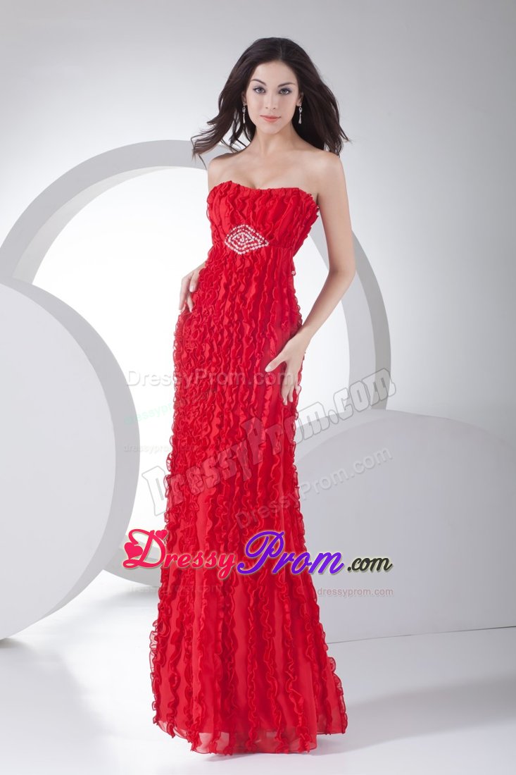 Special Ruffled Beaded Prom Gowns Strapless Beading Decorated