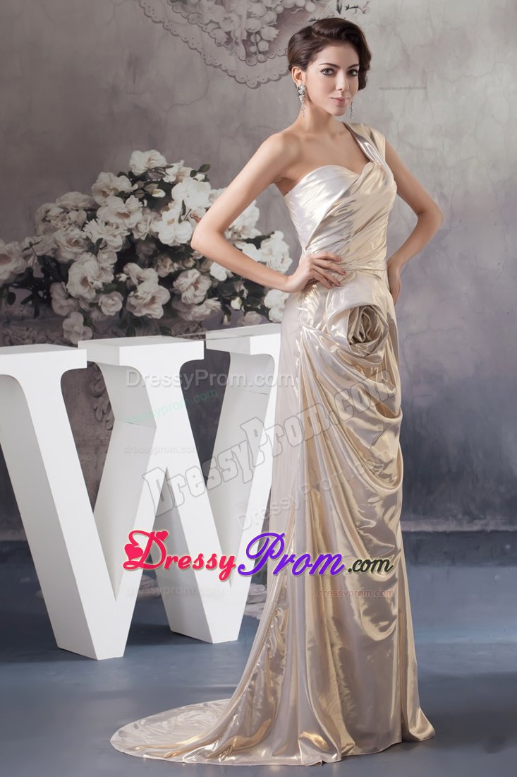New Sweep Train Single Shoulder Prom Formal Dress in Champagne