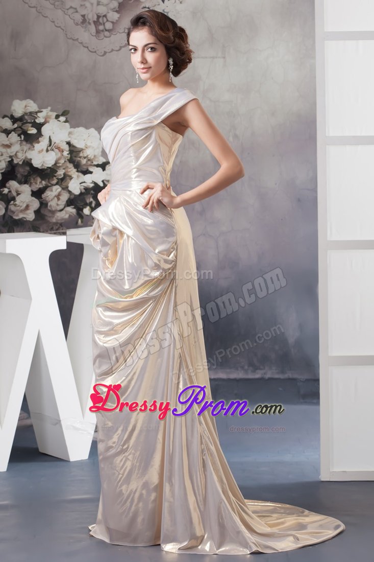 New Sweep Train Single Shoulder Prom Formal Dress in Champagne