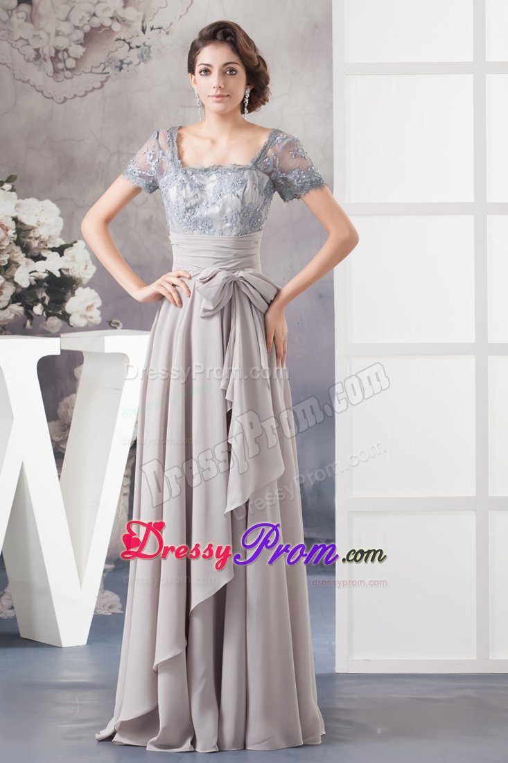 Chiffon Debs Dress Square Neck with Bowknot and Lace Decorated
