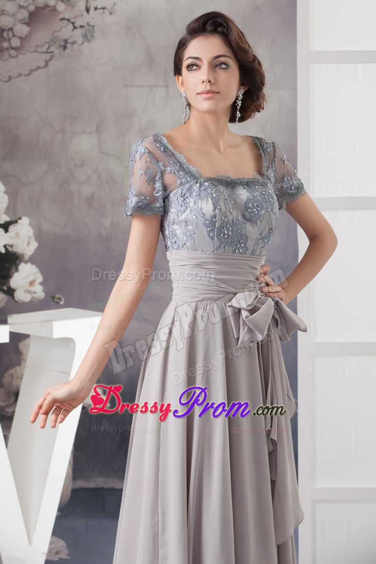 Chiffon Debs Dress Square Neck with Bowknot and Lace Decorated