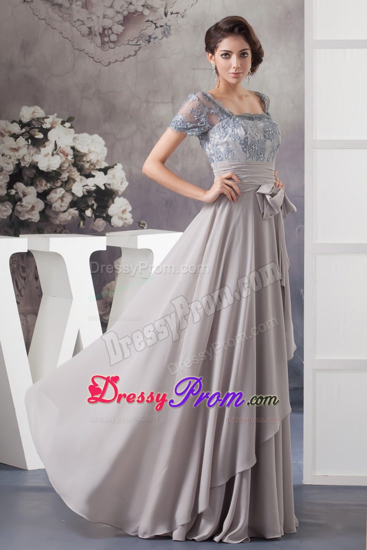 Chiffon Debs Dress Square Neck with Bowknot and Lace Decorated