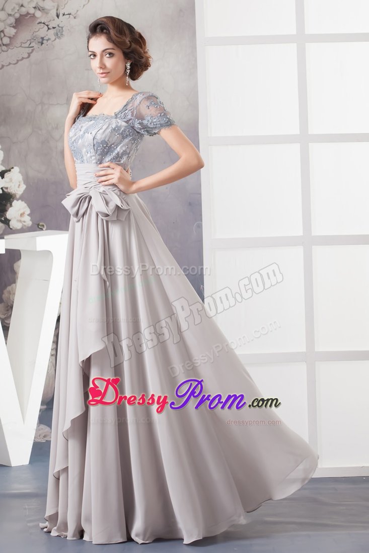 Chiffon Debs Dress Square Neck with Bowknot and Lace Decorated