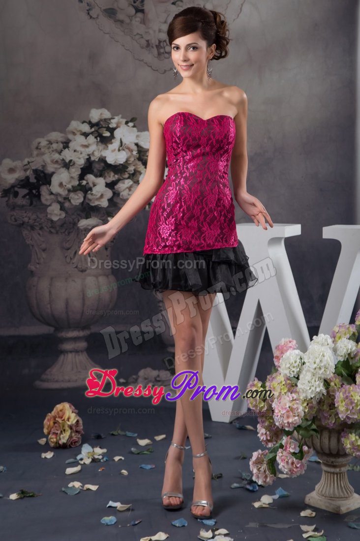 Hot Pink and Black Sweetheart Ruffled Lace Prom Dress