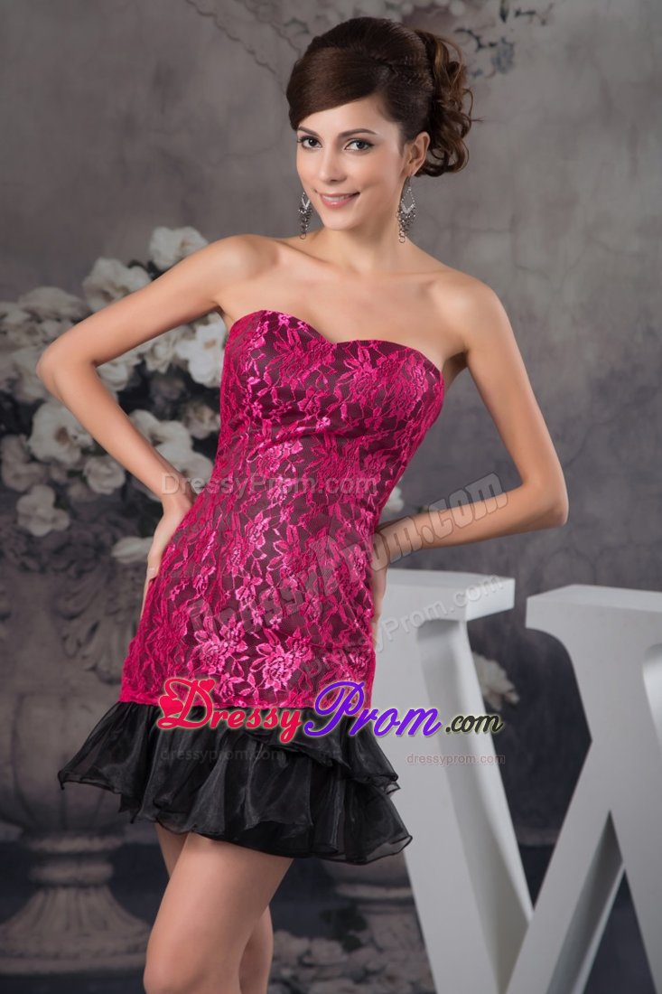 Hot Pink and Black Sweetheart Ruffled Lace Prom Dress