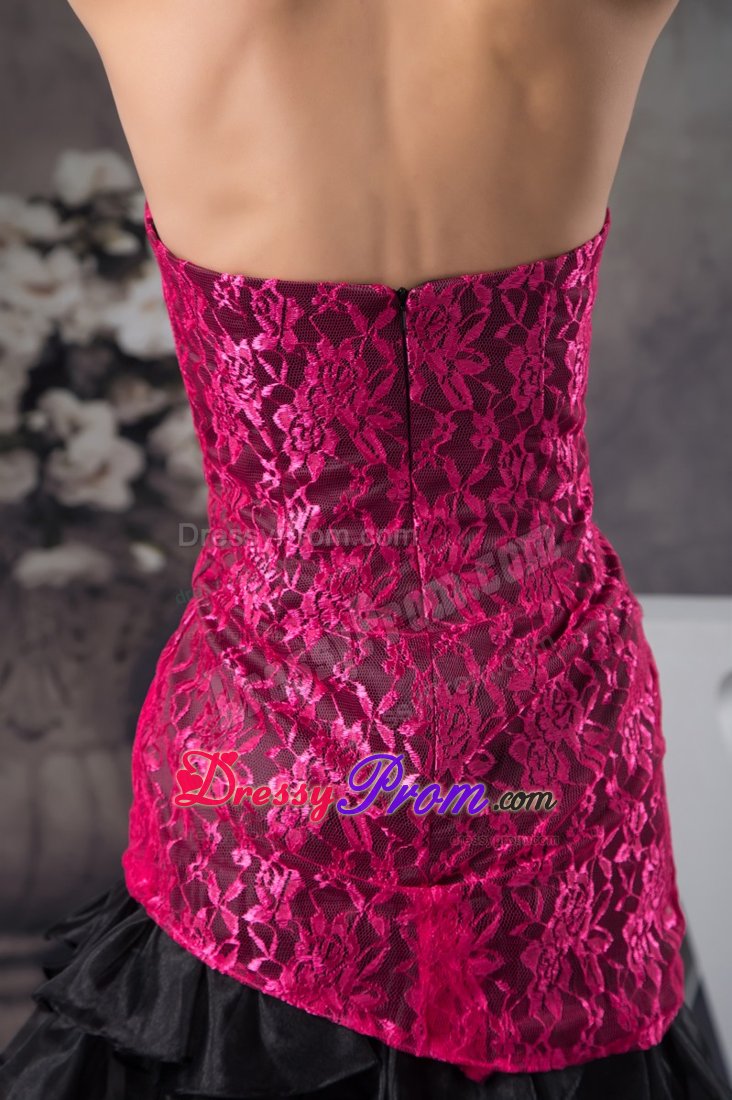 Hot Pink and Black Sweetheart Ruffled Lace Prom Dress