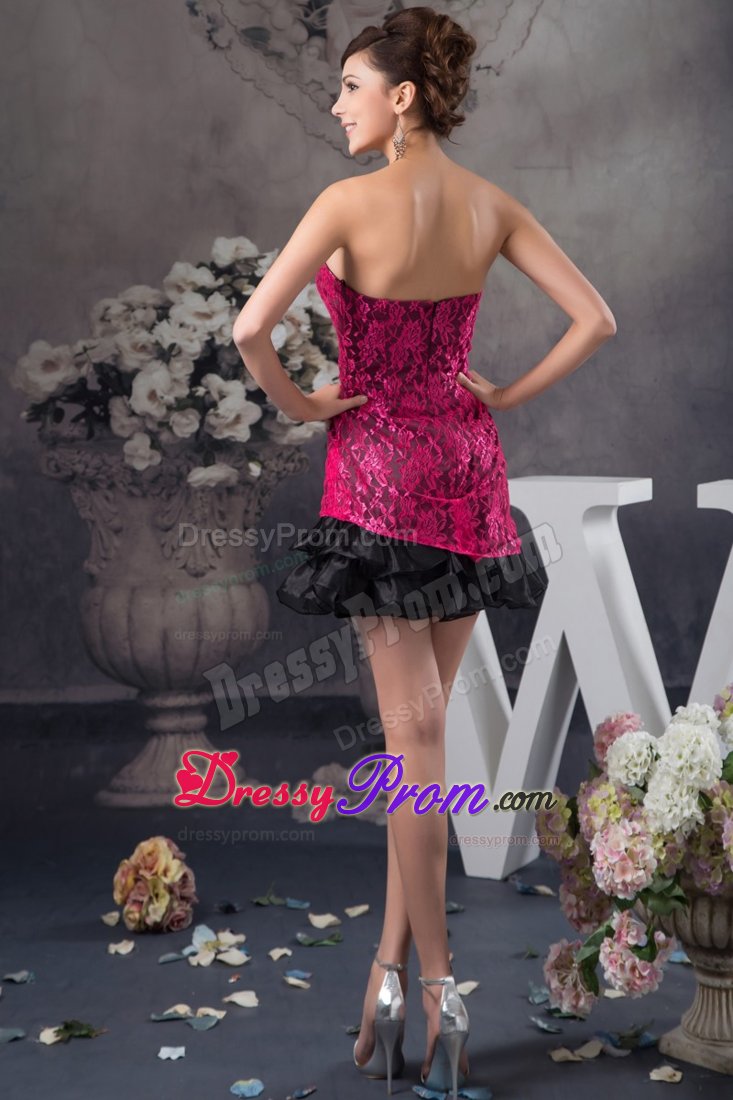 Hot Pink and Black Sweetheart Ruffled Lace Prom Dress
