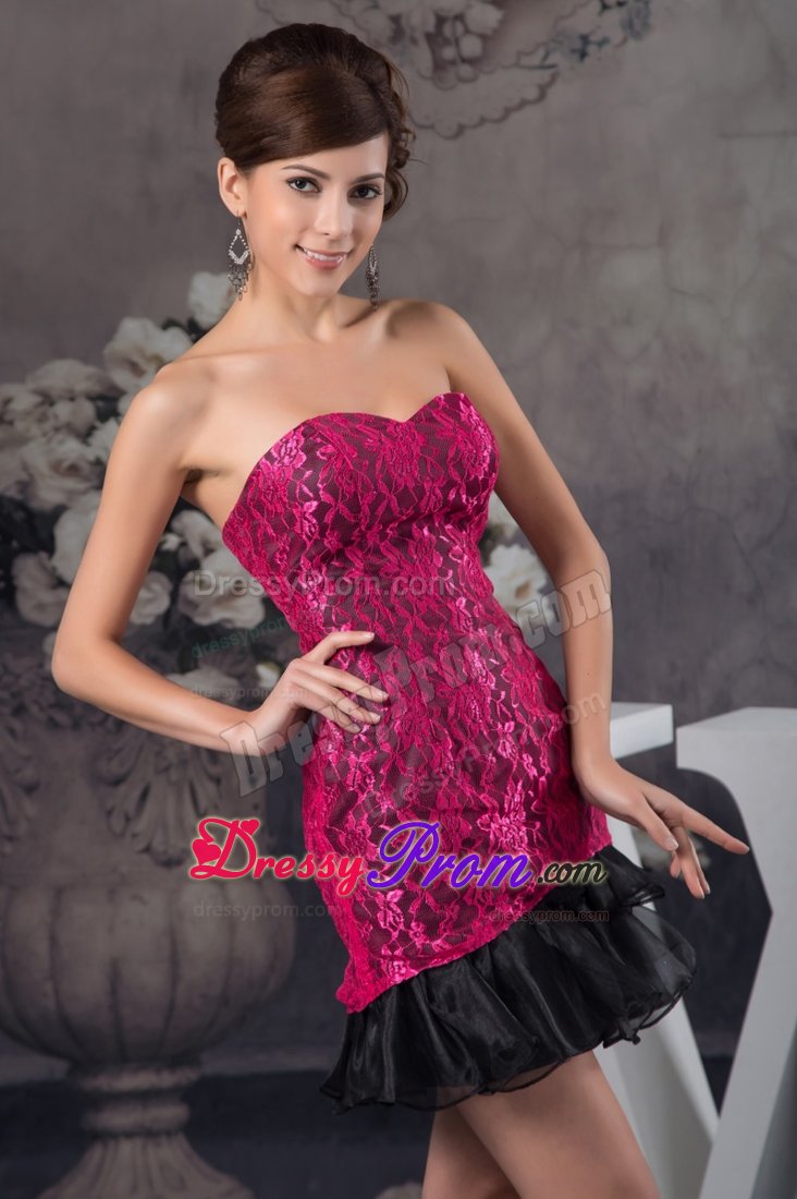 Hot Pink and Black Sweetheart Ruffled Lace Prom Dress
