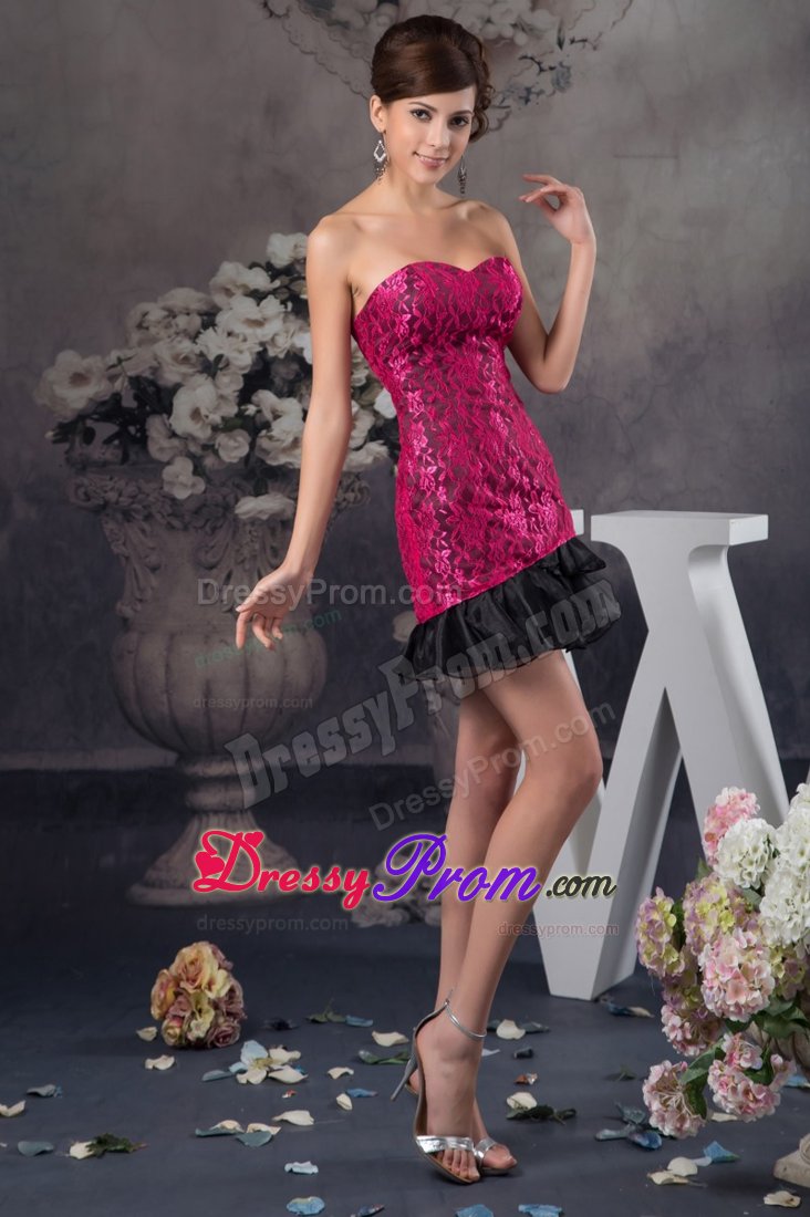 Hot Pink and Black Sweetheart Ruffled Lace Prom Dress