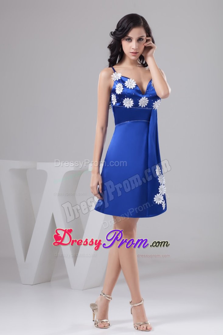 Spaghetti Straps Flowers Mini-Length Royal Blue Dress for Prom
