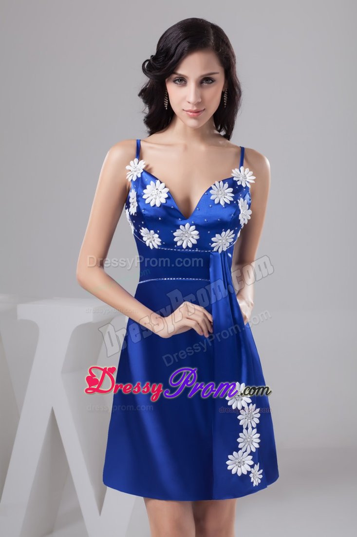 Spaghetti Straps Flowers Mini-Length Royal Blue Dress for Prom
