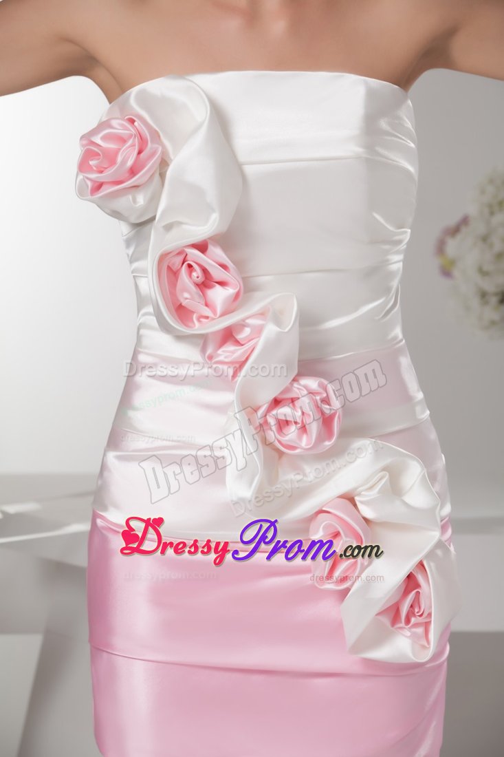 Design White and Baby Pink Flowers Ruched Mini Prom Dress