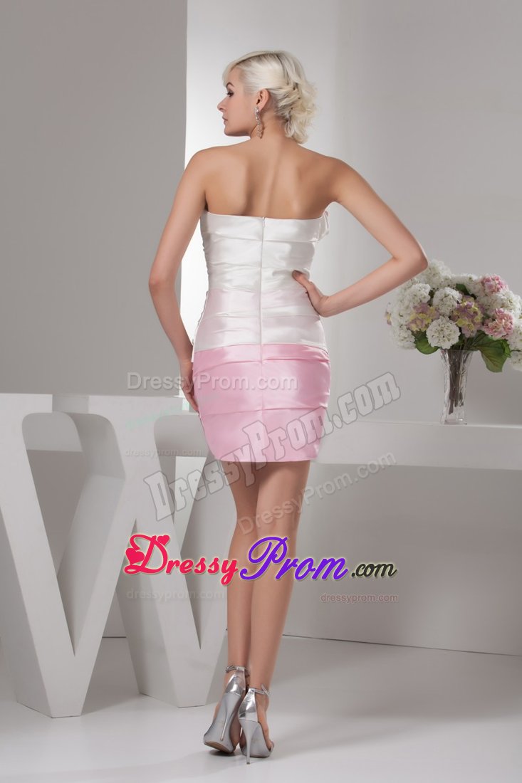 Design White and Baby Pink Flowers Ruched Mini Prom Dress