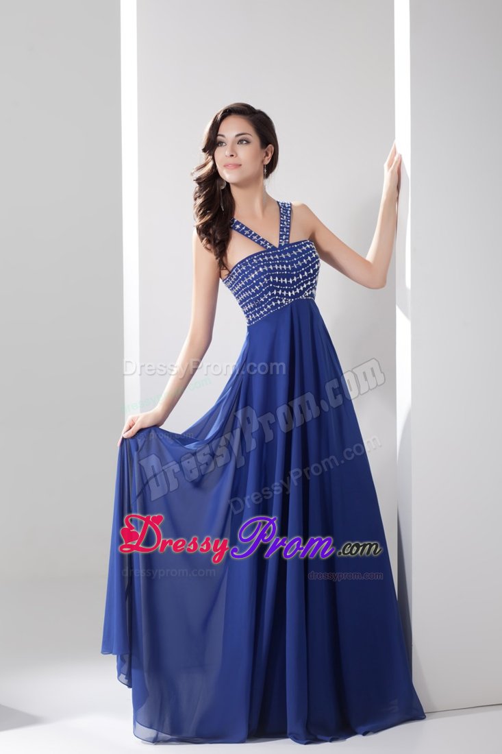 Beaded Halter Top Prom Formal Dress in Blue with Zipper up Back