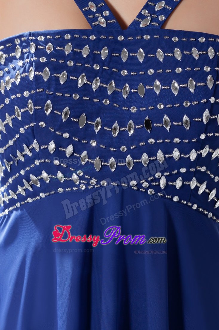 Beaded Halter Top Prom Formal Dress in Blue with Zipper up Back