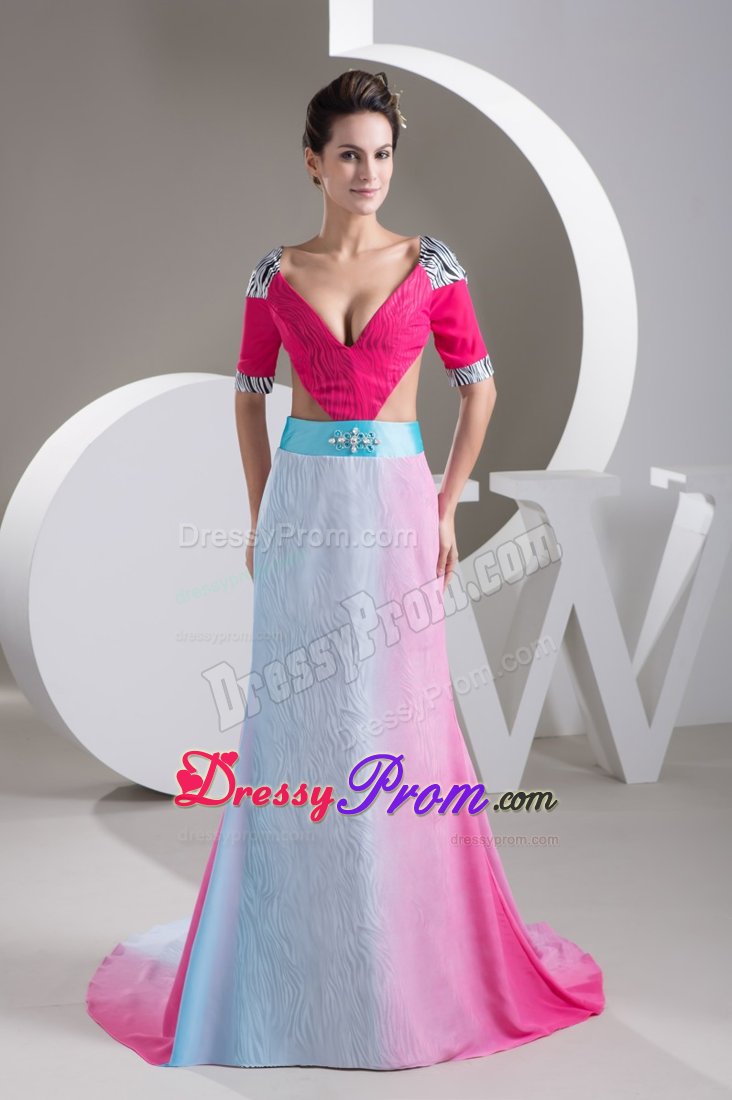 Zebra Print Short Sleeves Multi-color Dress for Prom with Cutouts