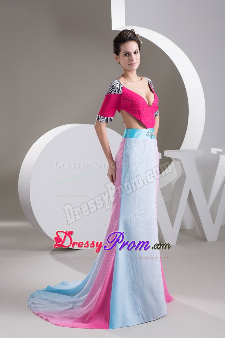 Zebra Print Short Sleeves Multi-color Dress for Prom with Cutouts