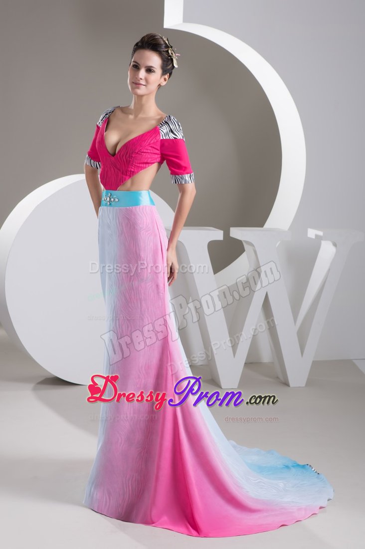 Zebra Print Short Sleeves Multi-color Dress for Prom with Cutouts