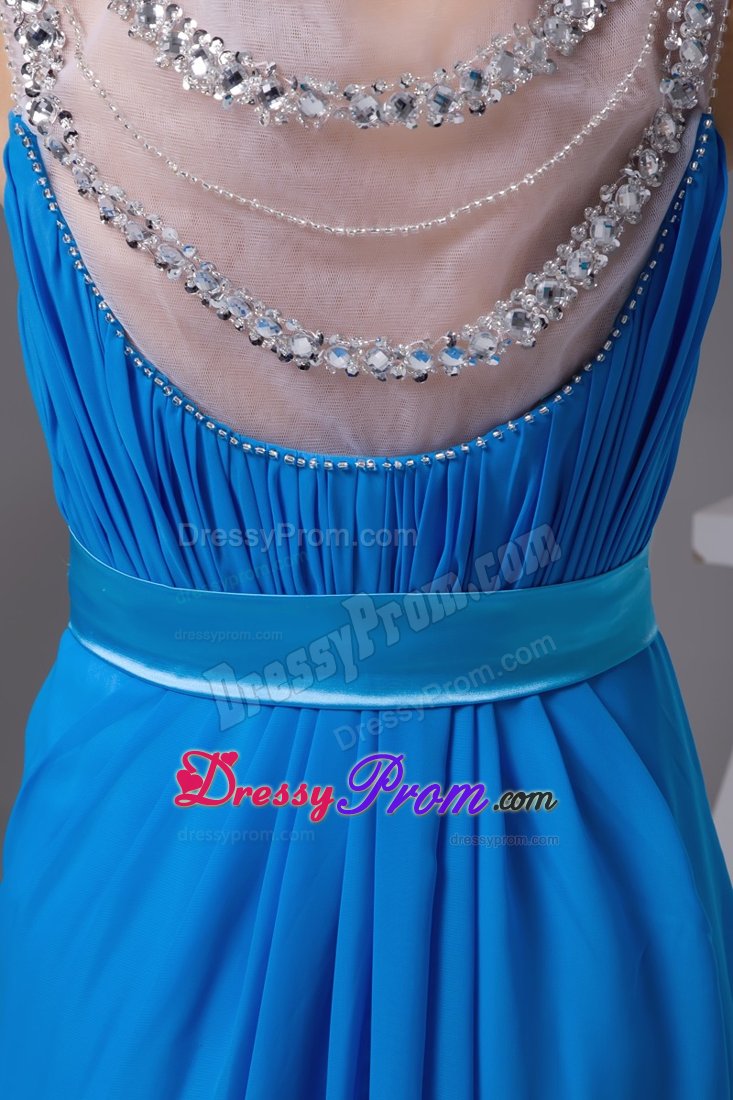 Graceful Blue Prom Celebrity Dress with Bateau and Sheer Neckline