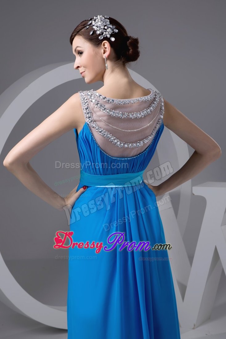 Graceful Blue Prom Celebrity Dress with Bateau and Sheer Neckline