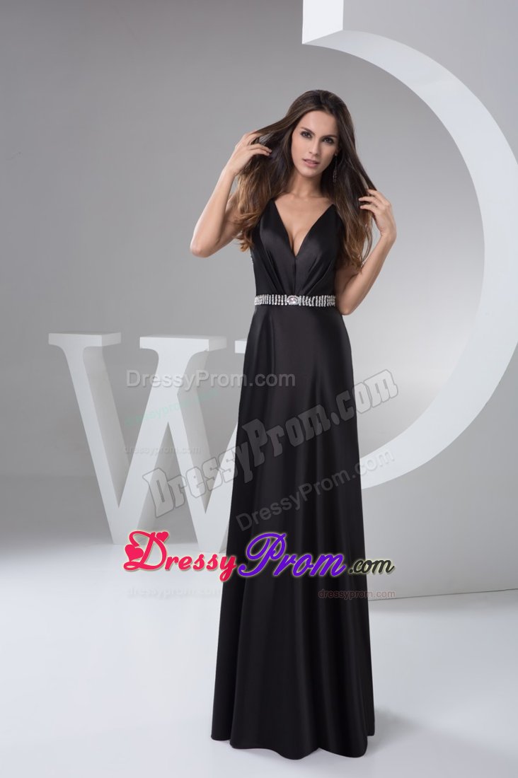 Flattering Black V-neck Beaded Prom Dress with the Back Cutout