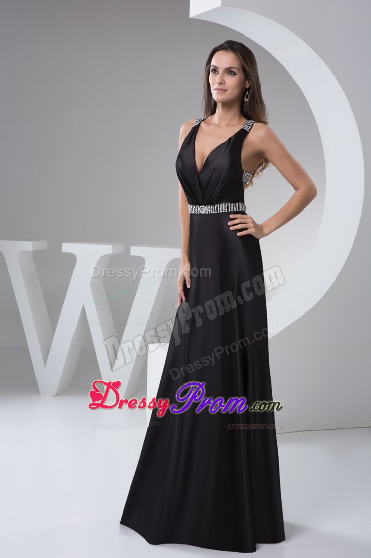 Flattering Black V-neck Beaded Prom Dress with the Back Cutout