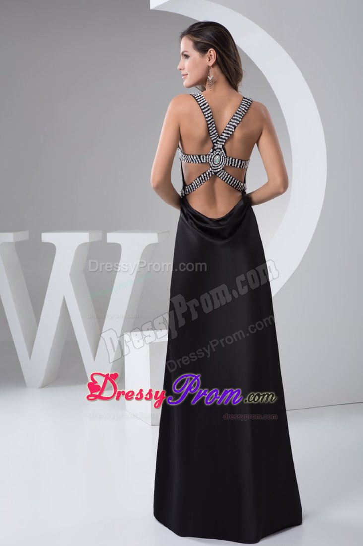 Flattering Black V-neck Beaded Prom Dress with the Back Cutout