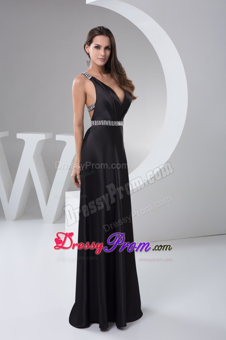 Flattering Black V-neck Beaded Prom Dress with the Back Cutout