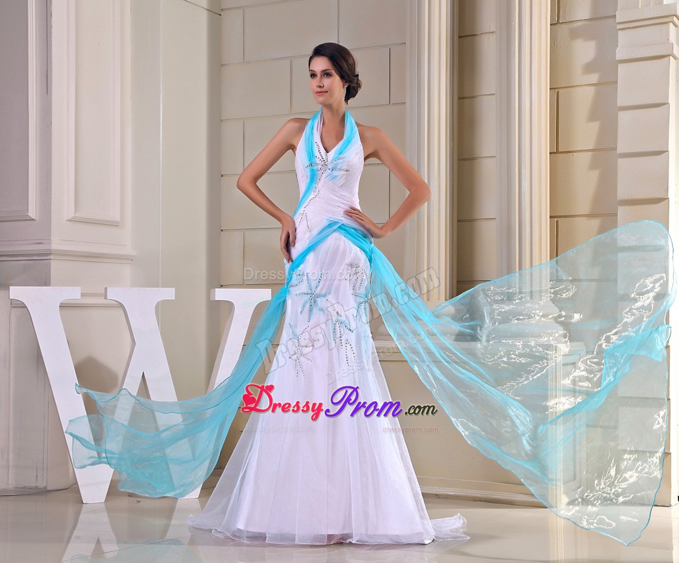 Mermaid Halter top Ruched Brush Train White Prom Party Dress