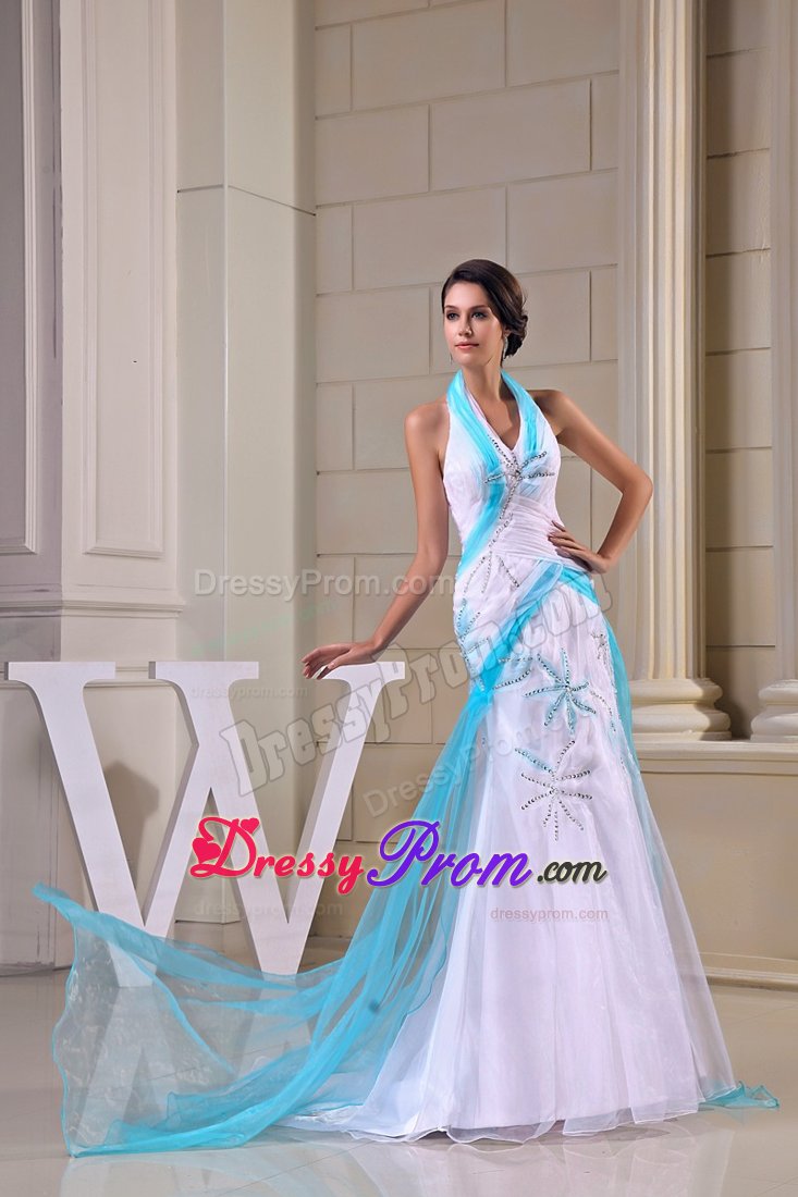 Mermaid Halter top Ruched Brush Train White Prom Party Dress