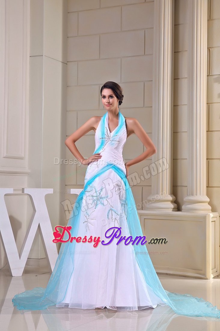 Mermaid Halter top Ruched Brush Train White Prom Party Dress