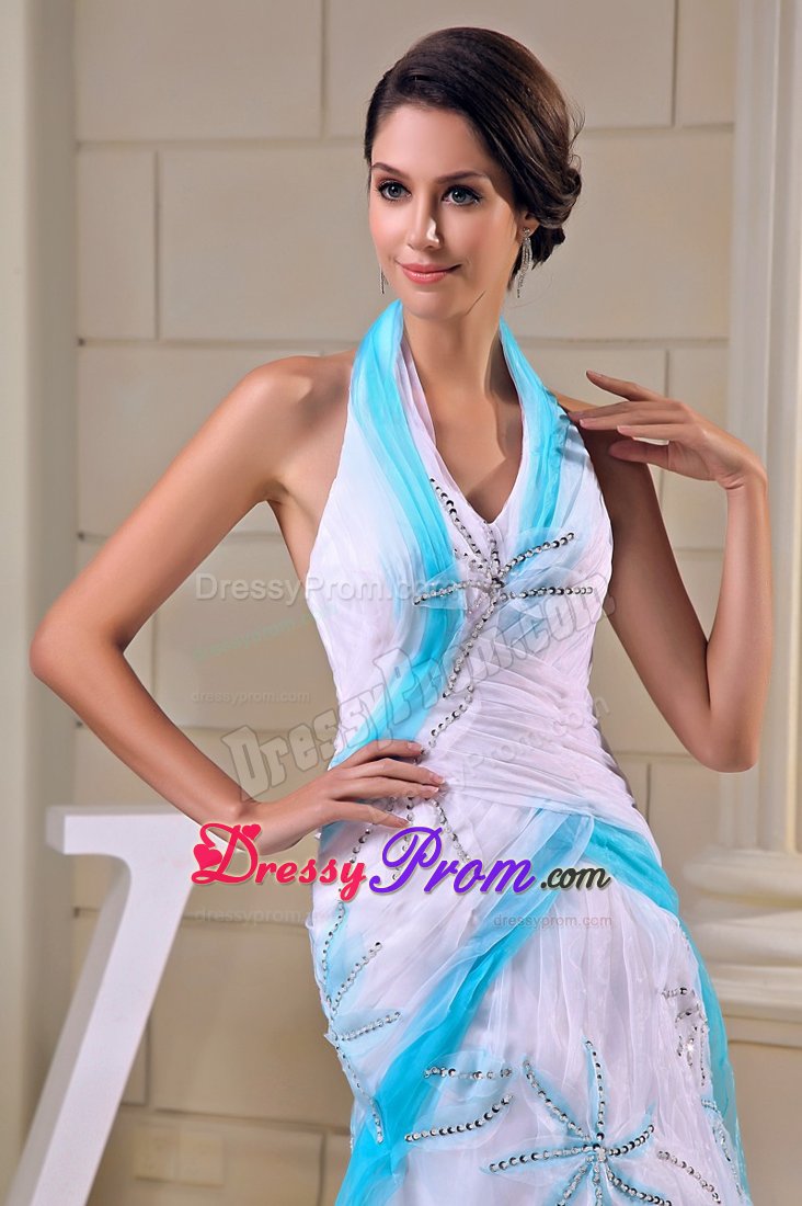 Mermaid Halter top Ruched Brush Train White Prom Party Dress