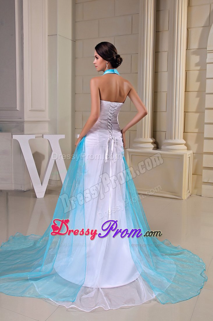 Mermaid Halter top Ruched Brush Train White Prom Party Dress