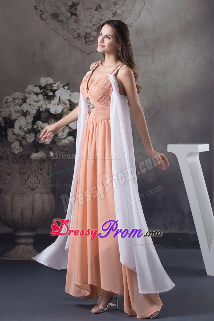 Rust Red Straps Chiffon Prom Holiday Dress with Rhinestones