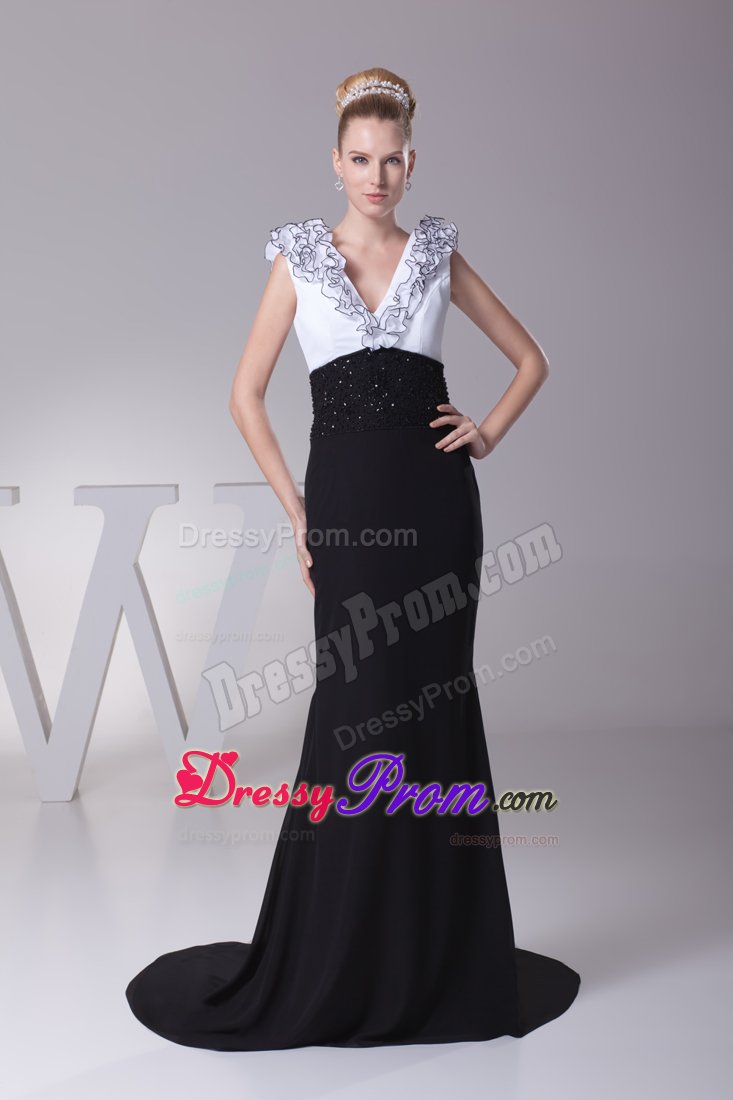 V-neck Ruffles Beaded Prom Gown in White and Black Sweep Train